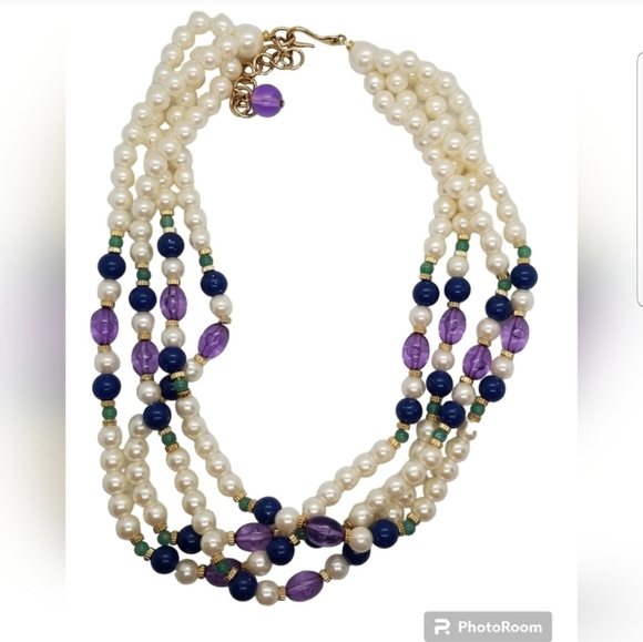 VINTAGE FAUX PEARL & JEWEL COLORED BEAD LAYERED COLLAR LENGTH NECKLACE - Picture 3 of 5